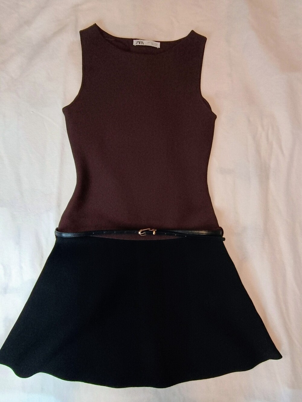 Zara Brown Knit Dress with Black Flared Skirt Mini Size Small Structured Knit